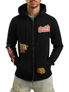 🥤 Coca-Cola Patchwork Zip Hoodie | Embroidered Logo Hoodie | Large